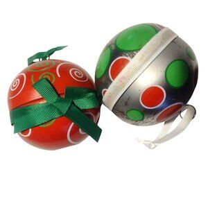 Set Of 2 Christmas Themed Metal Ornaments Red Green Polka Dot Surprise Box Gift